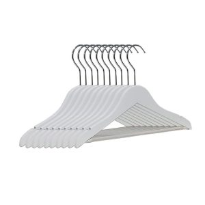 4221BR – Kit com 10 Cabides Madeira Com Barra Branco com Gancho Simples Cromado