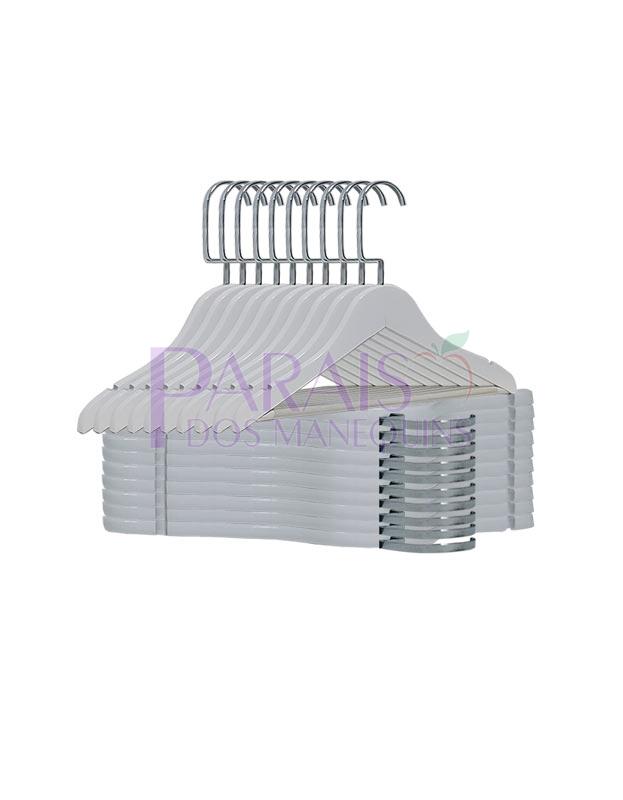 4221BC – Kit c/ 10 Cabides Madeira Branco com Barra com Gancho de Luxo Cromado - Image 3