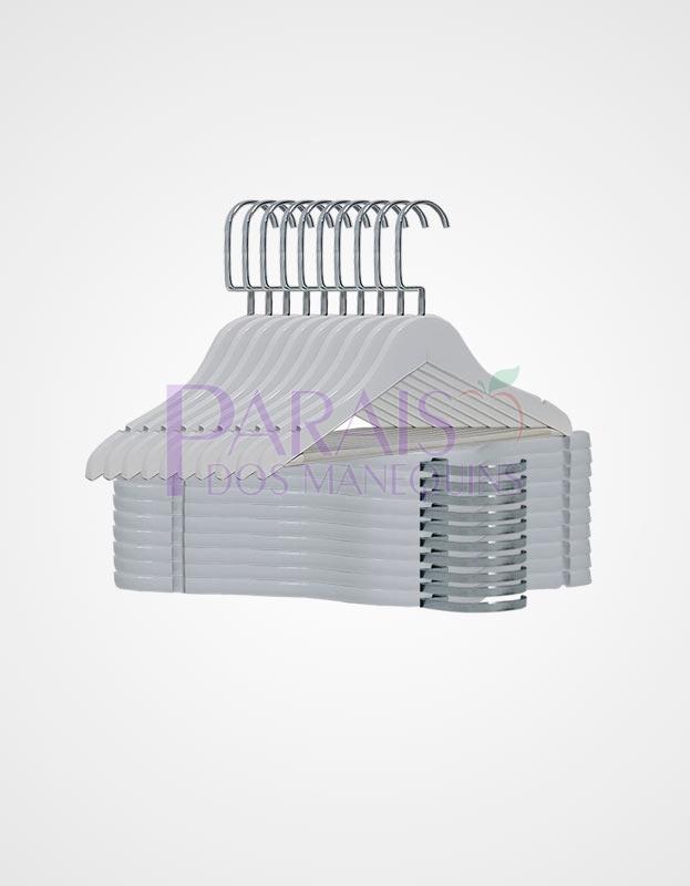4221BC – Kit c/ 10 Cabides Madeira Branco com Barra com Gancho de Luxo Cromado - Image 2